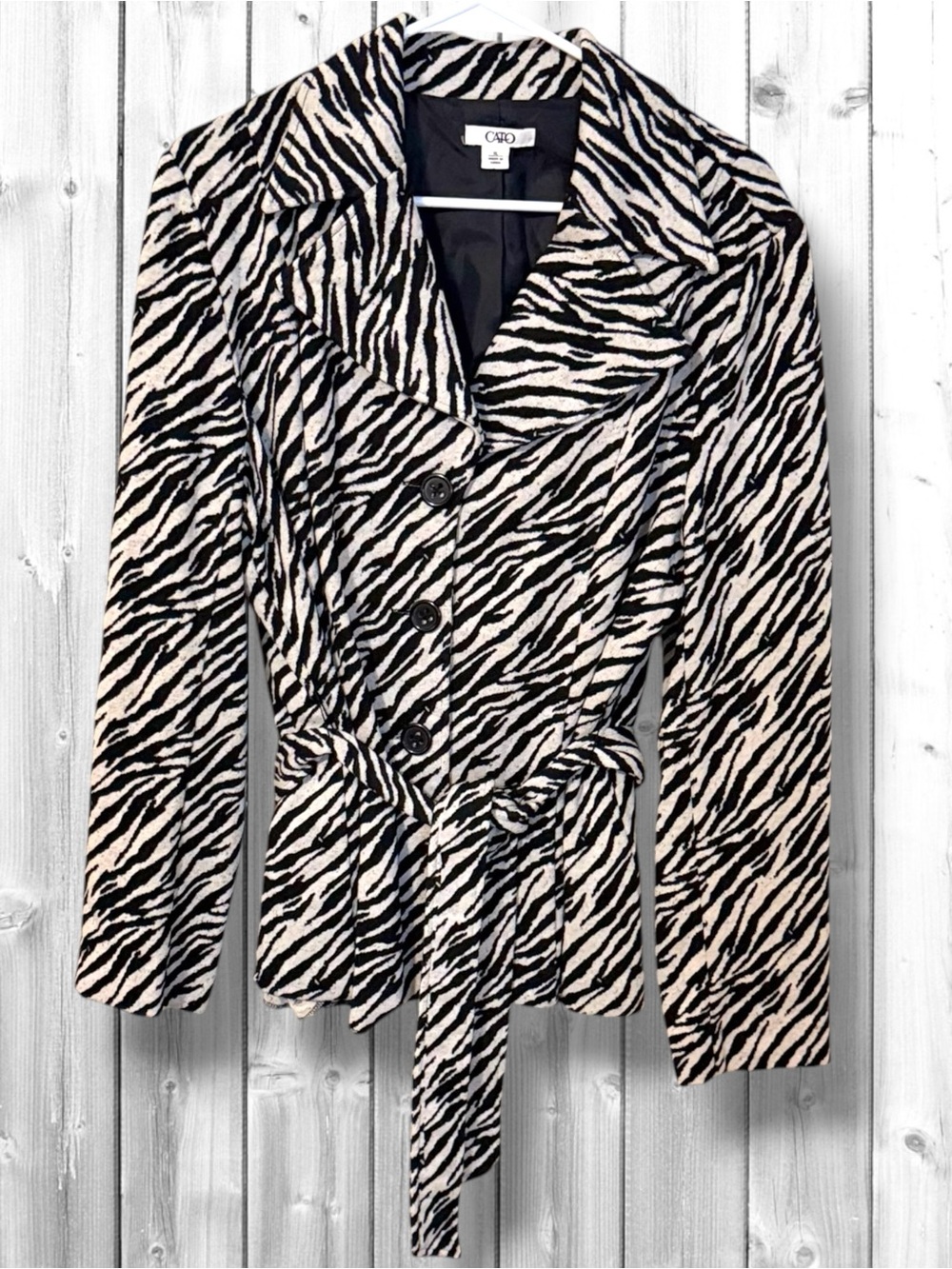 🌼Cato Black & White Zebra-Print Belted Pea Coat